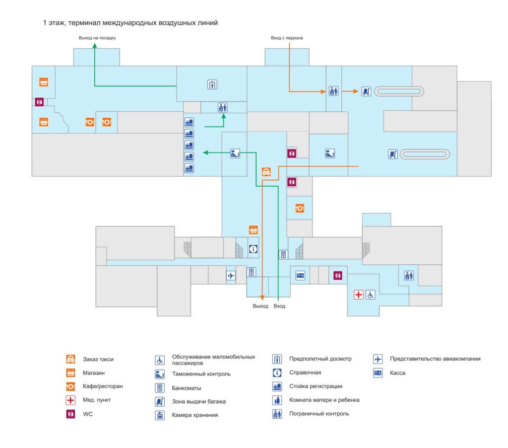 Схема терминала международных авиарейсов (1 этаж) нажмите для увеличения